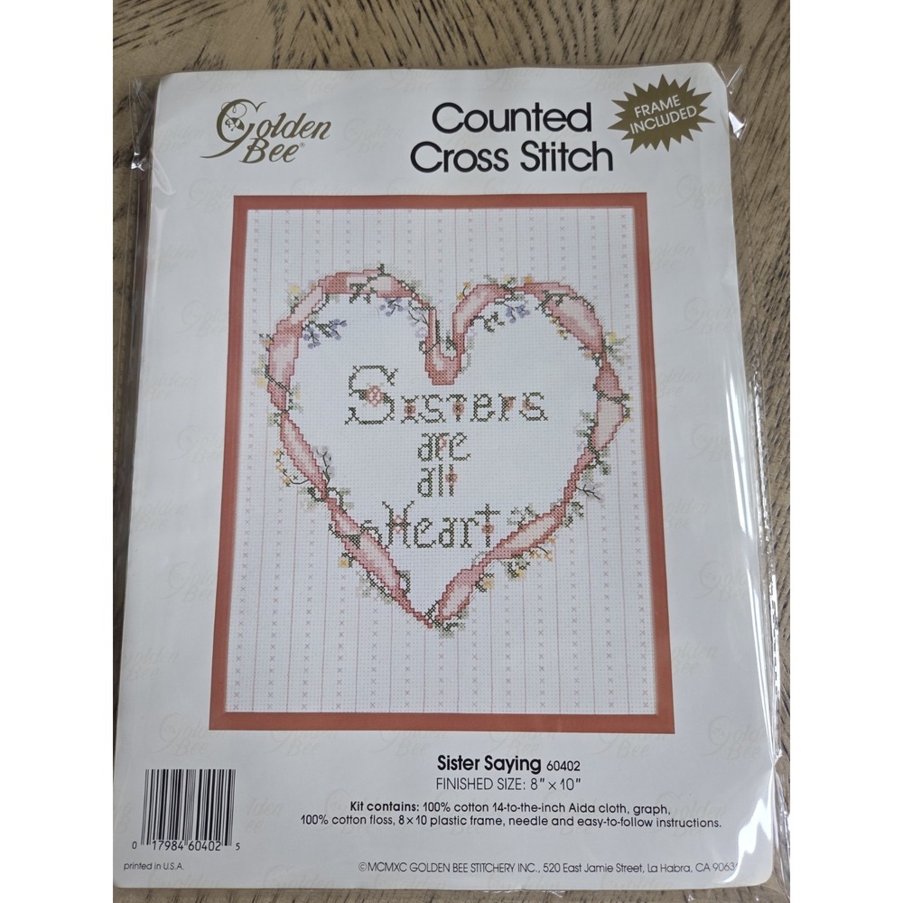Golden Bee Counted Cross Stitch Kit Sister Saying With Picture Frame 60402 New